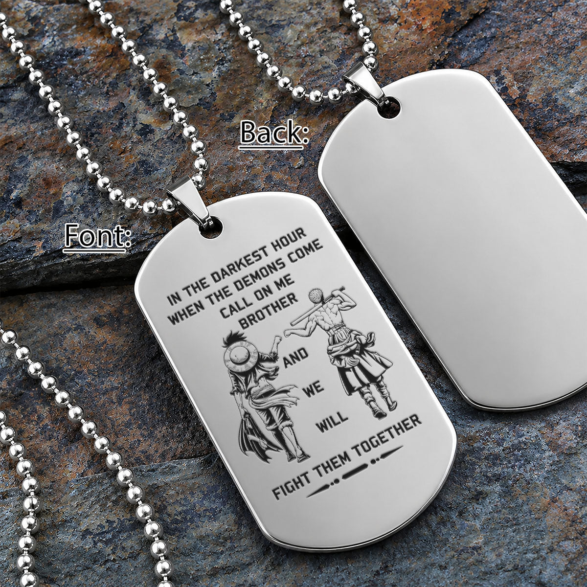 One Piece Engraved Dog Tag Necklace - OPD003 - Monkey D. Luffy - Roronoa Zoro - Call On Me Brother - Military Ball Chain