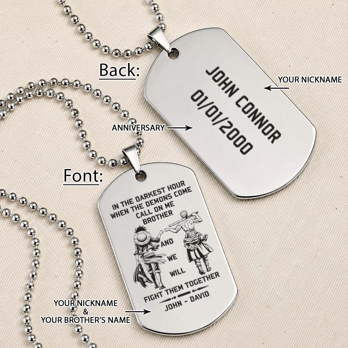 One Piece Engraved Dog Tag Necklace - OPD003 - Monkey D. Luffy - Roronoa Zoro - Call On Me Brother - Military Ball Chain