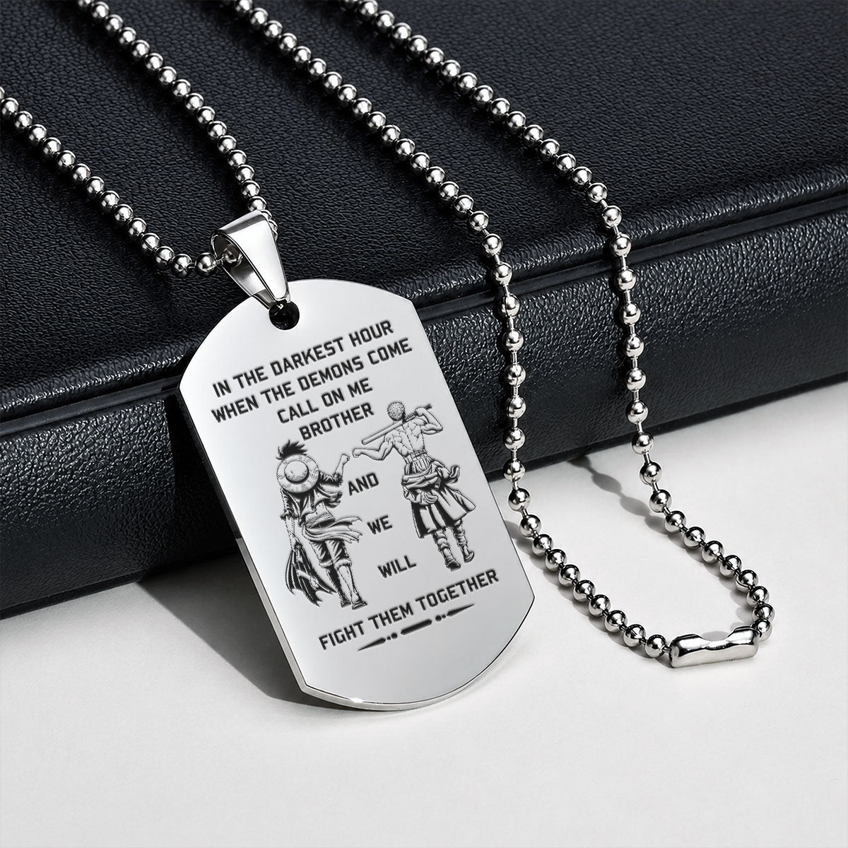 One Piece Engraved Dog Tag Necklace - OPD003 - Monkey D. Luffy - Roronoa Zoro - Call On Me Brother - Military Ball Chain