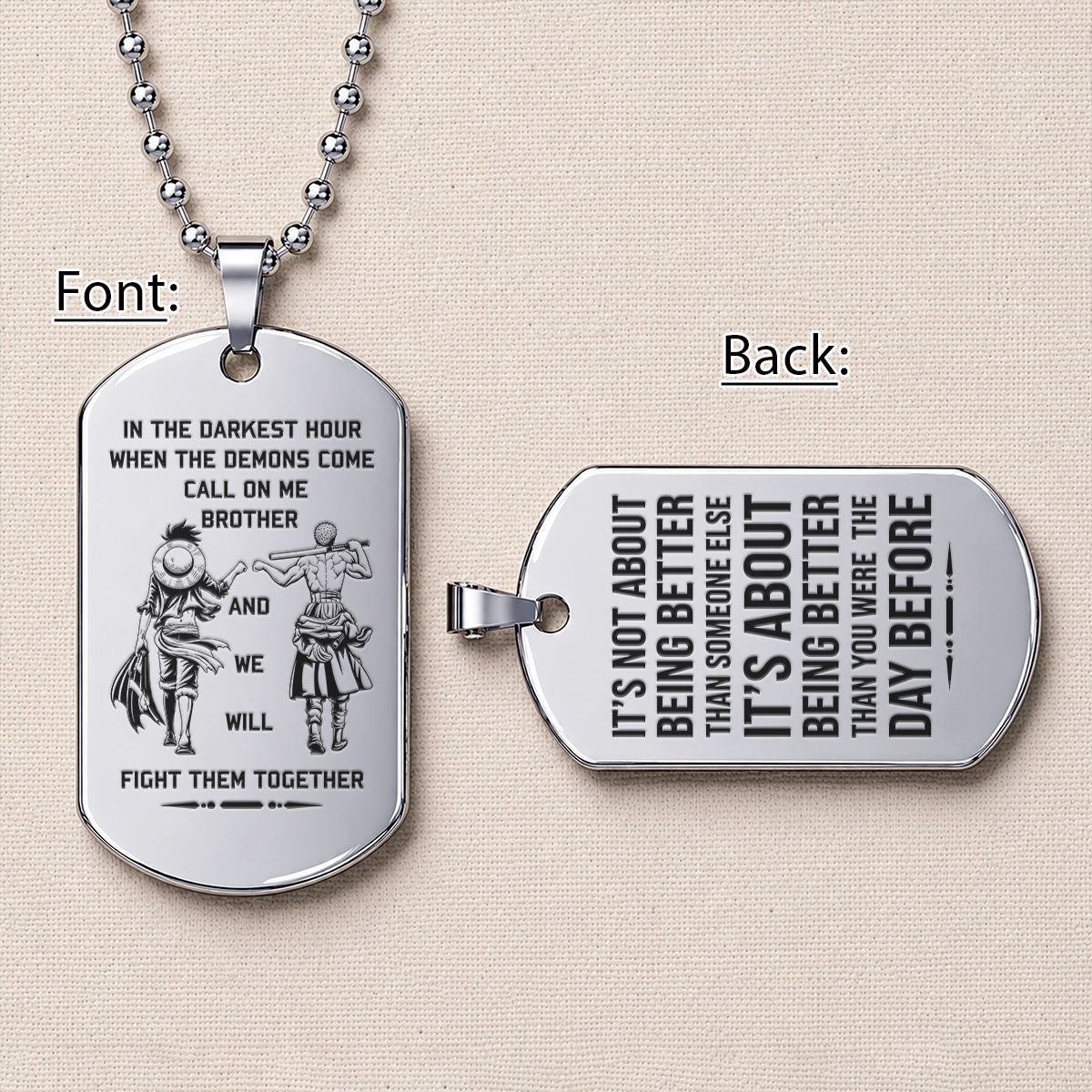 One Piece Engraved Dog Tag Necklace - OPD019 - Monkey D. Luffy - Roronoa Zoro - Call On Me Brother - Military Ball Chain