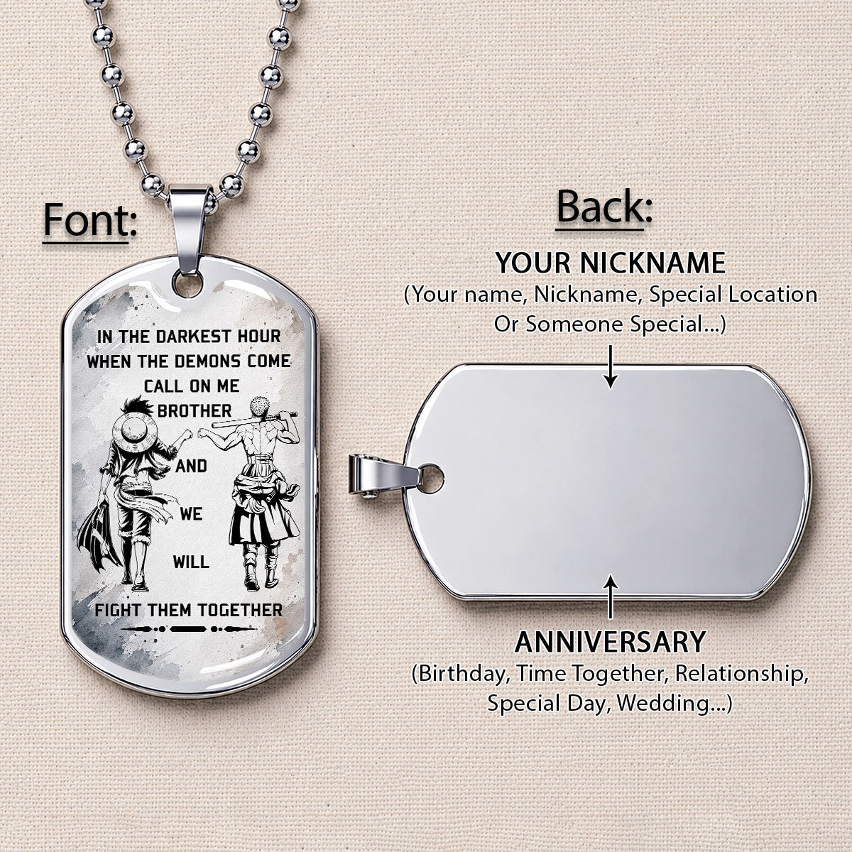One Piece Dog Tag Necklace - OPDL001 - Monkey D. Luffy - Roronoa Zoro - Call On Me Brother - Military Ball Chain