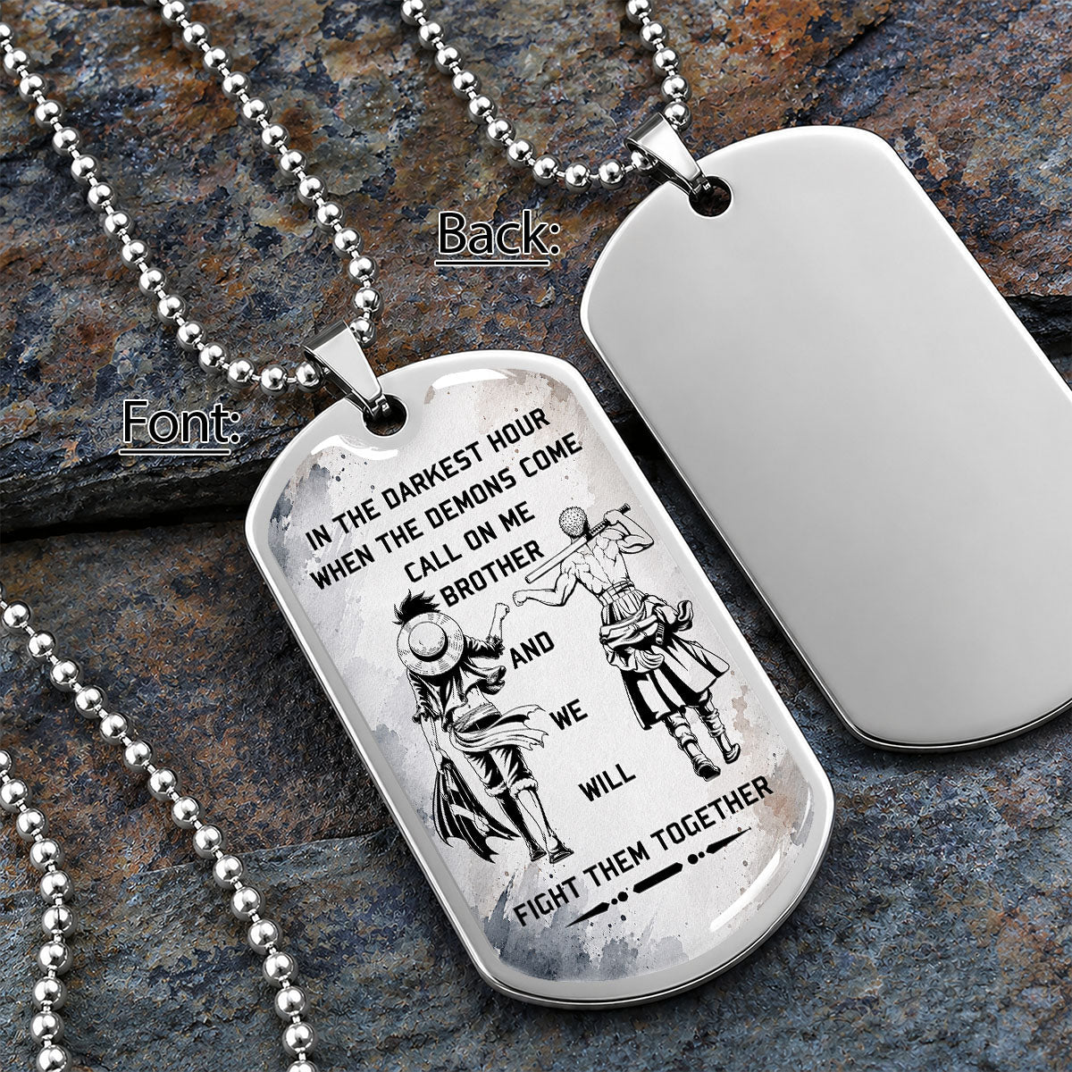 One Piece Dog Tag Necklace - OPDL001 - Monkey D. Luffy - Roronoa Zoro - Call On Me Brother - Military Ball Chain