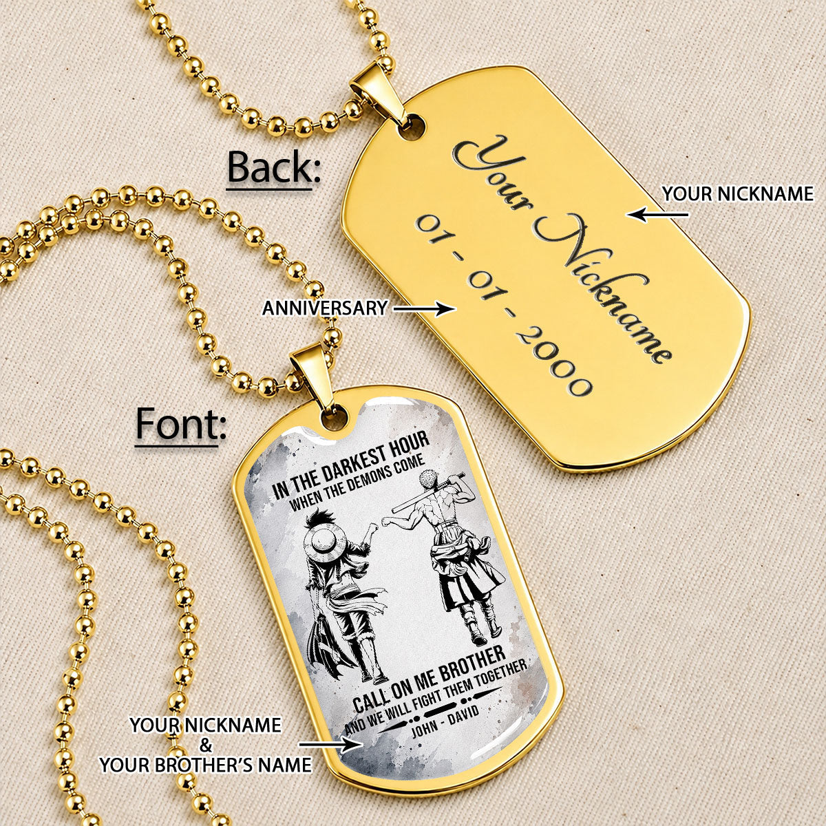 One Piece Dog Tag Necklace - OPDL002 - Monkey D. Luffy - Roronoa Zoro - Call On Me Brother - Military Ball Chain