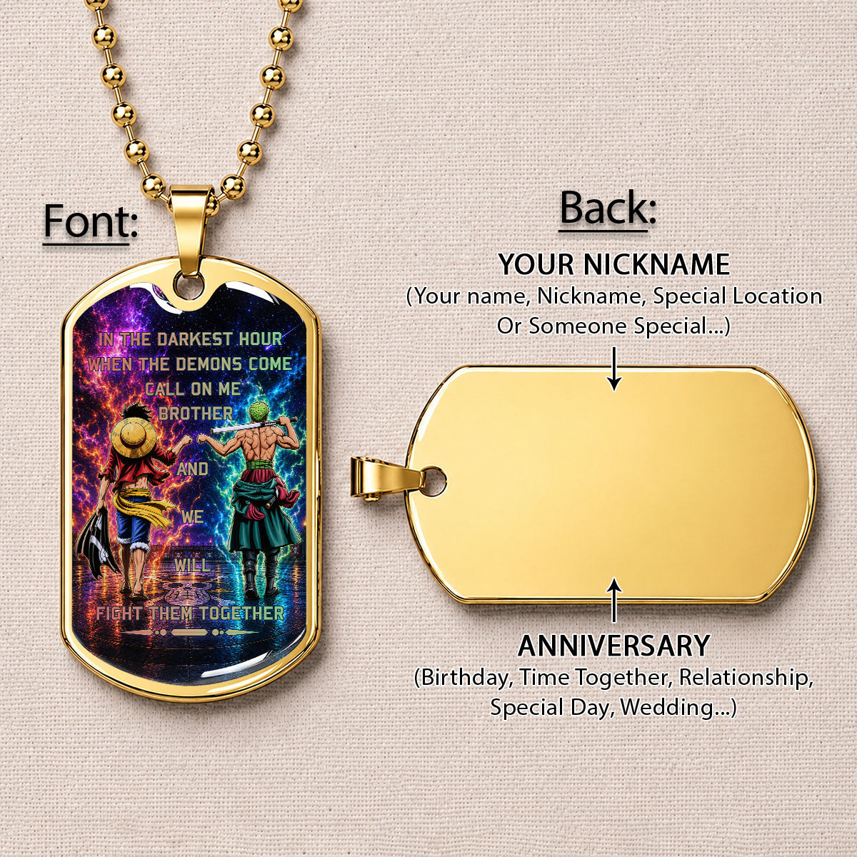 One Piece Dog Tag Necklace - OPDL005 - Monkey D. Luffy - Roronoa Zoro - Call On Me Brother - Military Ball Chain