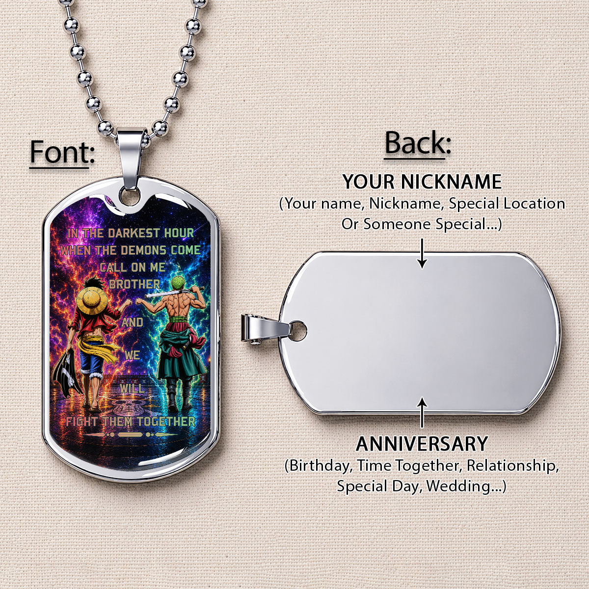 One Piece Dog Tag Necklace - OPDL005 - Monkey D. Luffy - Roronoa Zoro - Call On Me Brother - Military Ball Chain