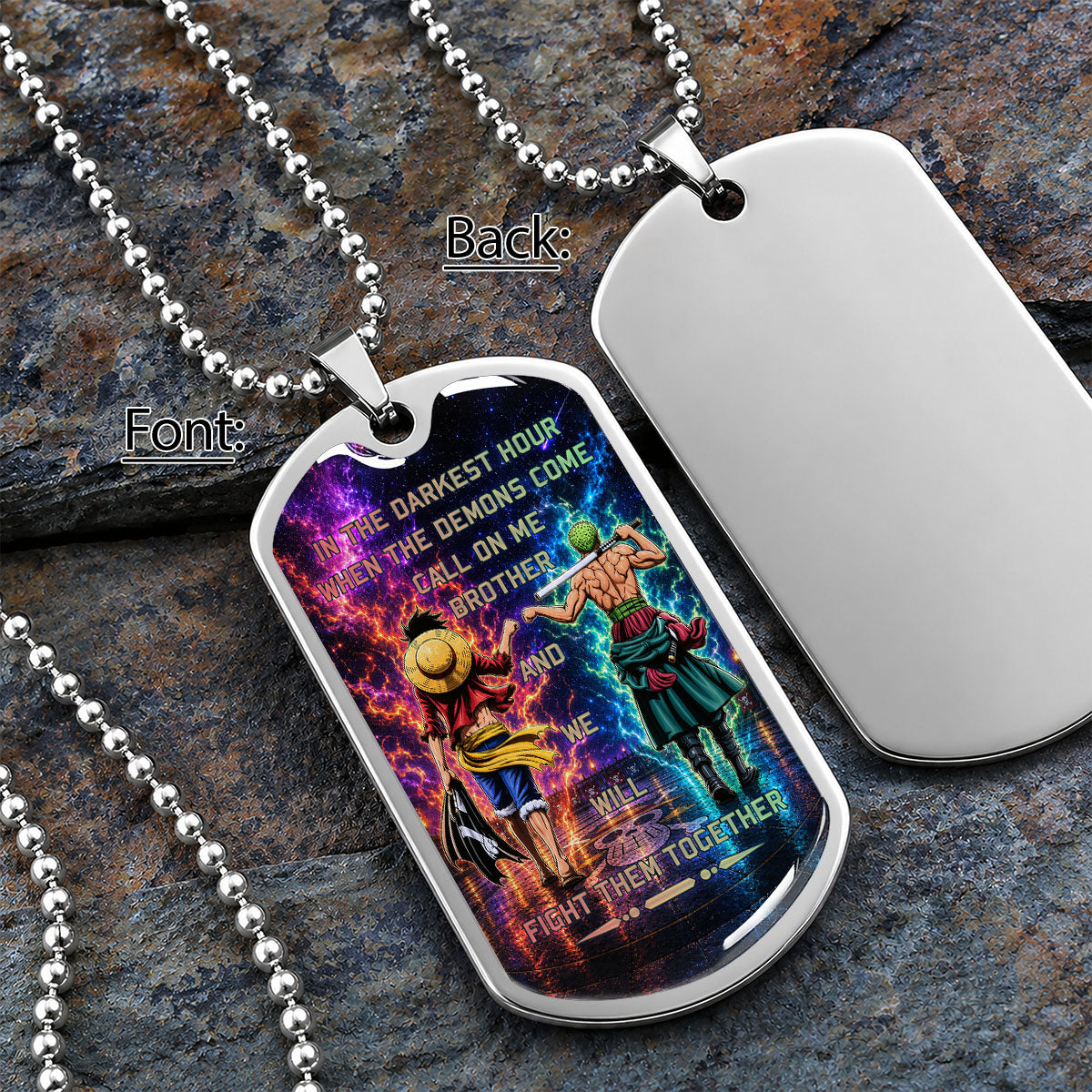 One Piece Dog Tag Necklace - OPDL005 - Monkey D. Luffy - Roronoa Zoro - Call On Me Brother - Military Ball Chain