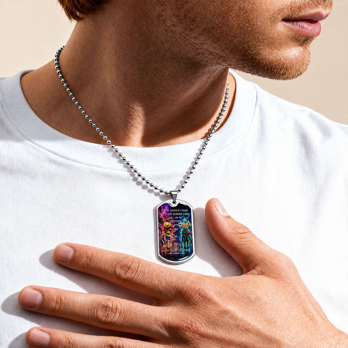 One Piece Dog Tag Necklace - OPDL005 - Monkey D. Luffy - Roronoa Zoro - Call On Me Brother - Military Ball Chain