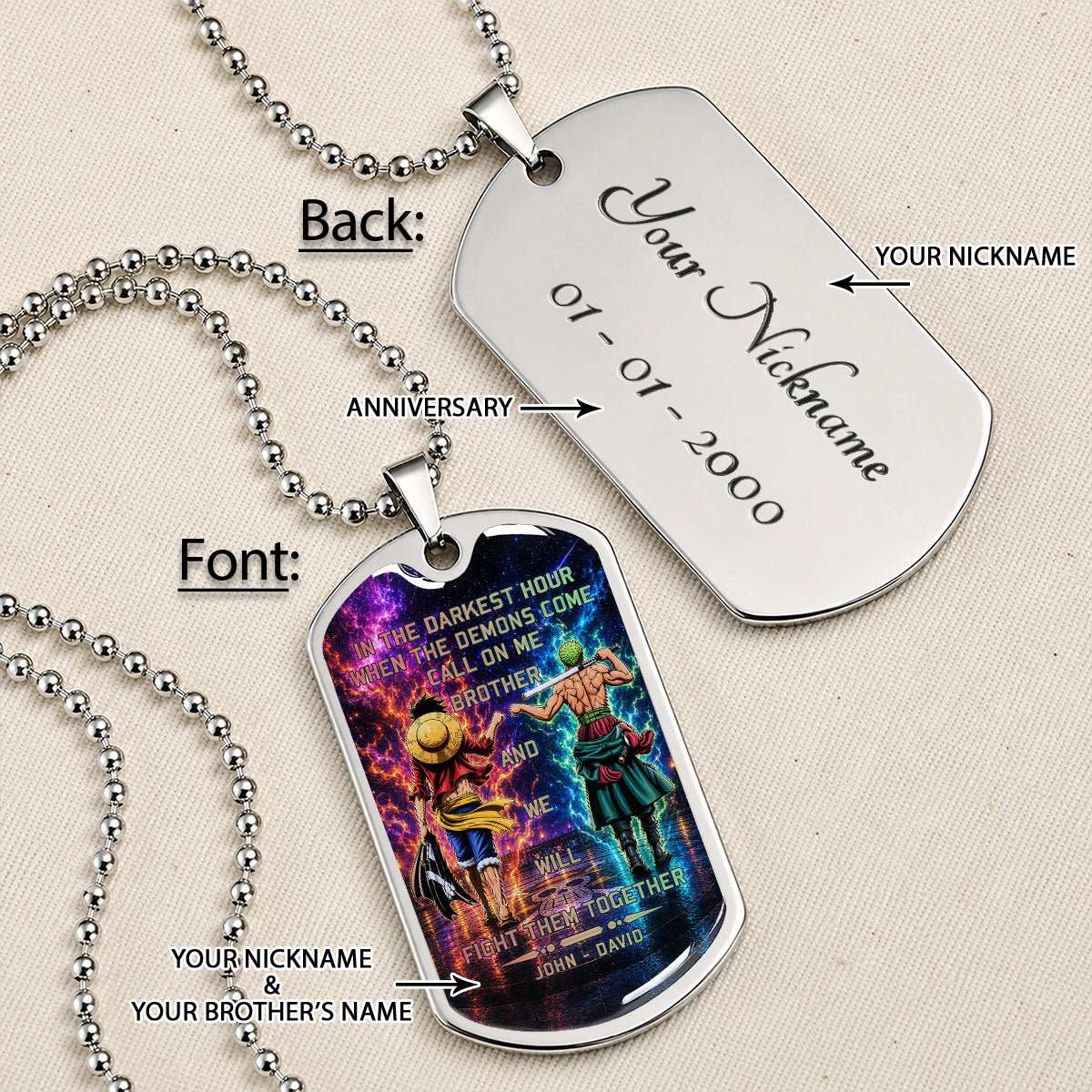One Piece Dog Tag Necklace - OPDL005 - Monkey D. Luffy - Roronoa Zoro - Call On Me Brother - Military Ball Chain