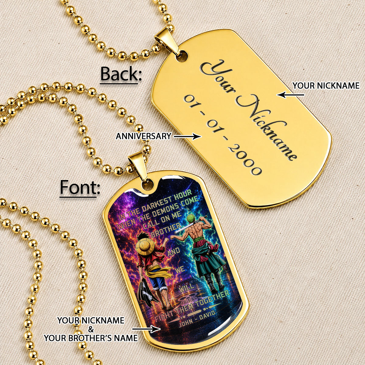 One Piece Dog Tag Necklace - OPDL005 - Monkey D. Luffy - Roronoa Zoro - Call On Me Brother - Military Ball Chain