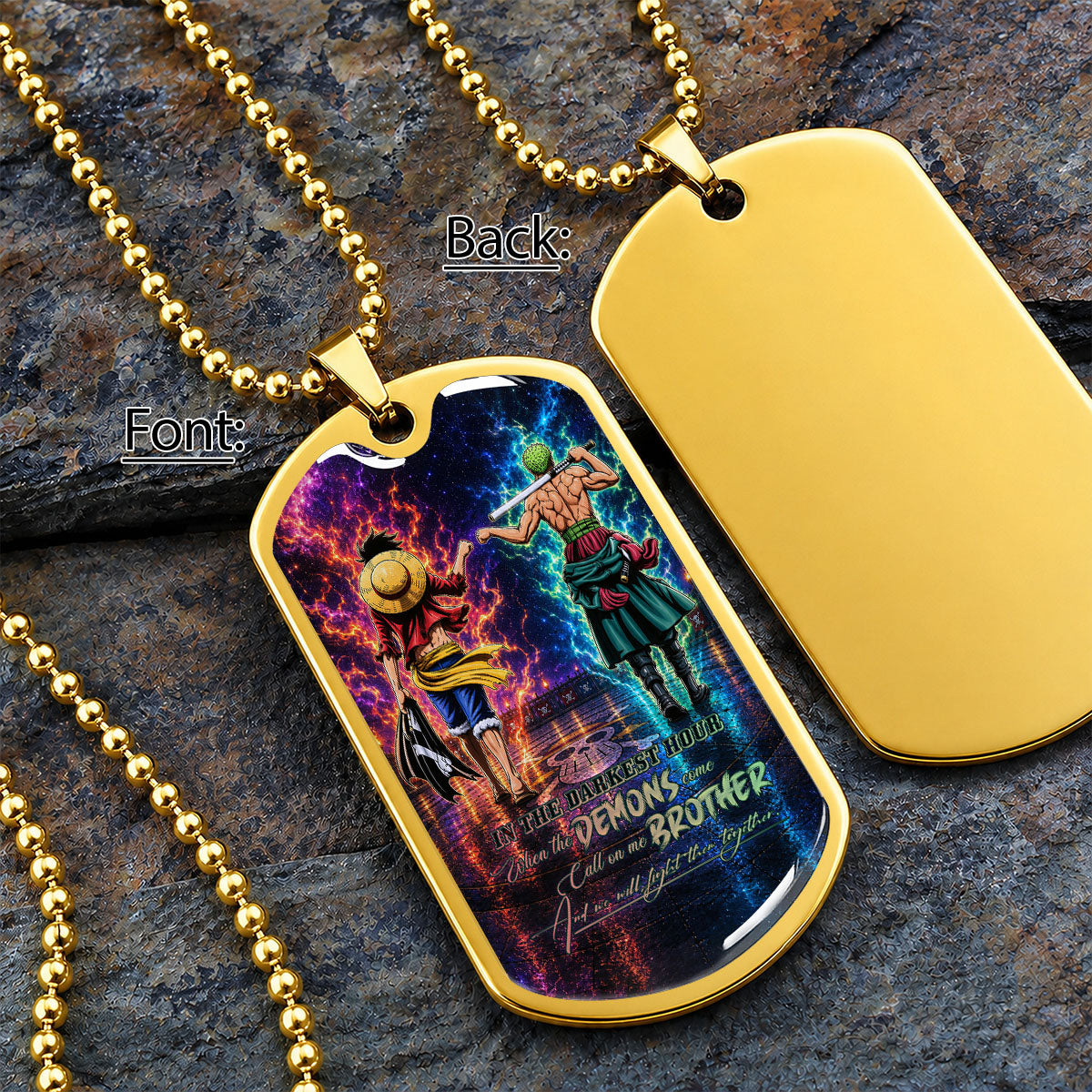 One Piece Dog Tag Necklace - OPDL010 - Monkey D. Luffy - Roronoa Zoro - Call On Me Brother - Military Ball Chain