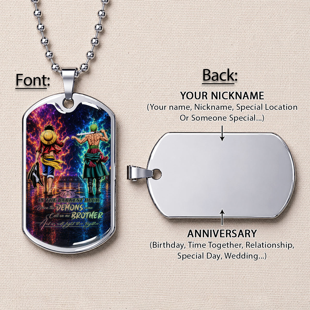 One Piece Dog Tag Necklace - OPDL010 - Monkey D. Luffy - Roronoa Zoro - Call On Me Brother - Military Ball Chain
