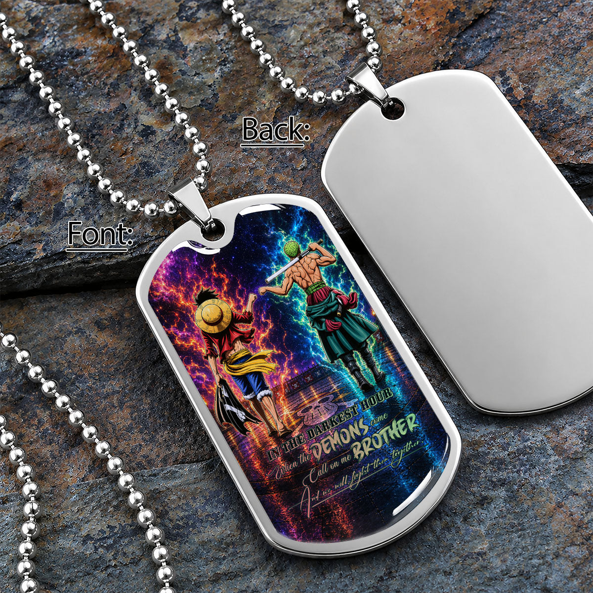 One Piece Dog Tag Necklace - OPDL010 - Monkey D. Luffy - Roronoa Zoro - Call On Me Brother - Military Ball Chain