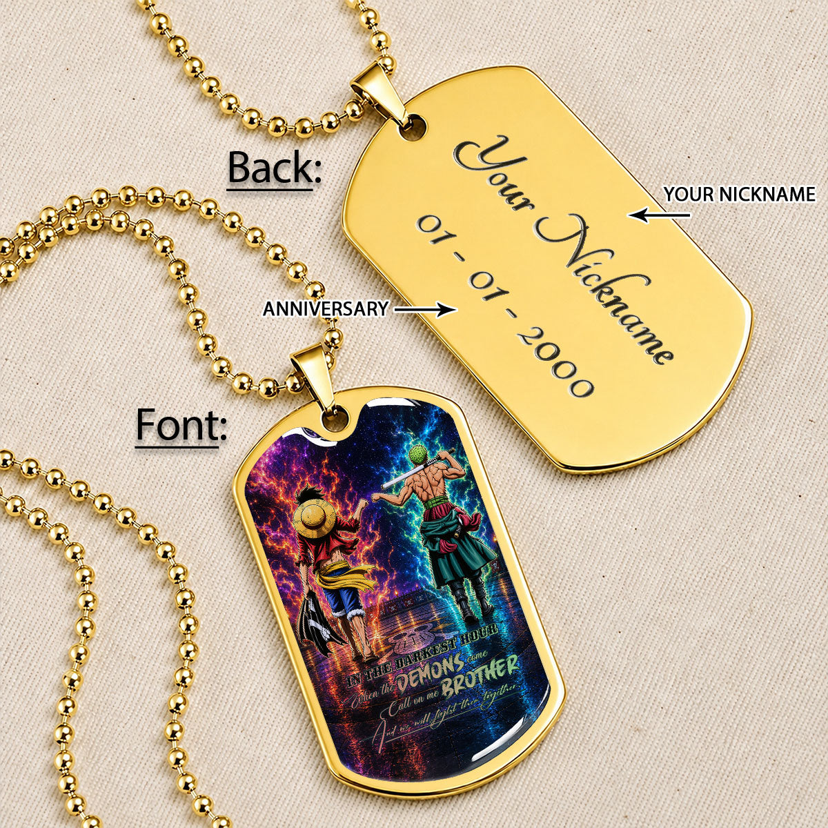 One Piece Dog Tag Necklace - OPDL010 - Monkey D. Luffy - Roronoa Zoro - Call On Me Brother - Military Ball Chain