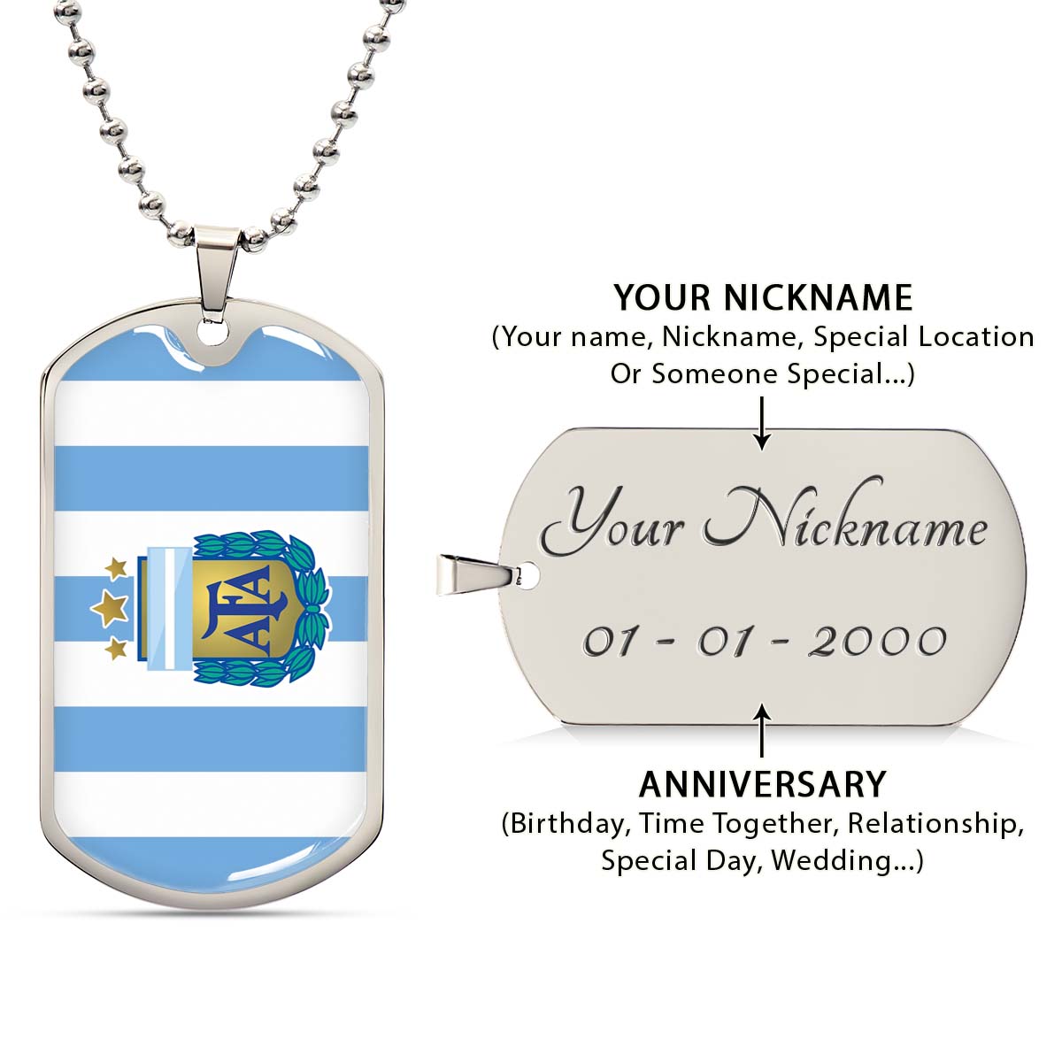 Soccer Dog Tag Necklace - SCD009 - Argentina - National Football Team - Military Ball Chain