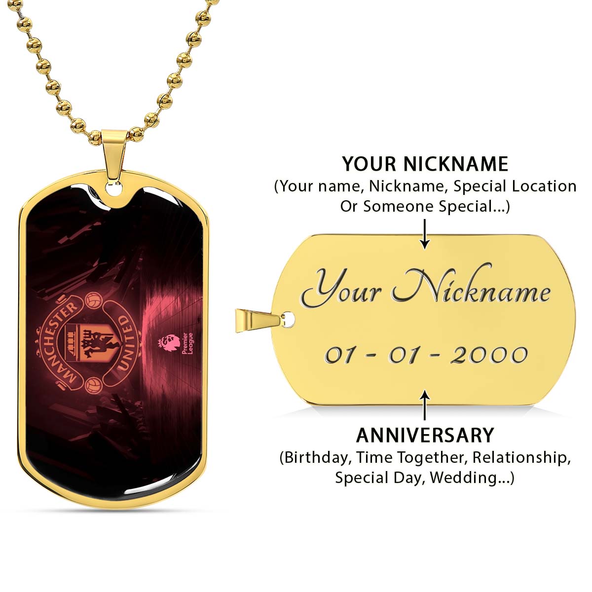 Soccer Dog Tag Necklace - SCD012 - Manchester United - Military Ball Chain