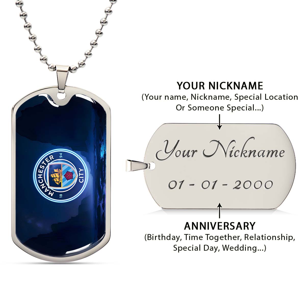 Soccer Dog Tag Necklace - SCD018 - Manchester City - Military Ball Chain