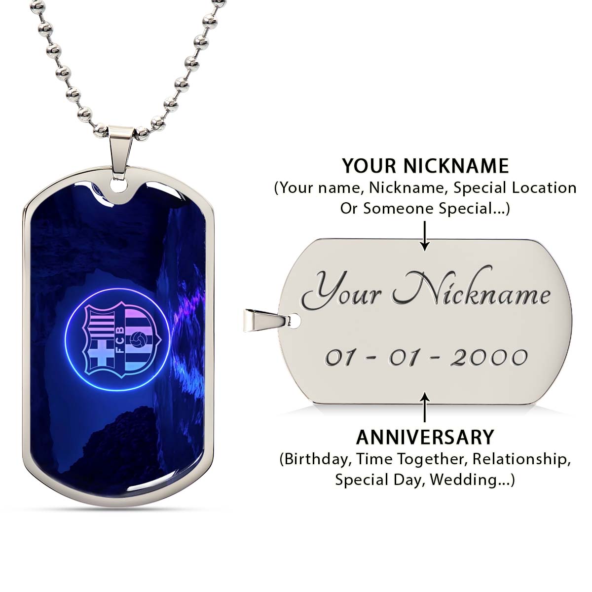 Soccer Dog Tag Necklace - SCD028 - FC Barcelona - FCB - Military Ball Chain