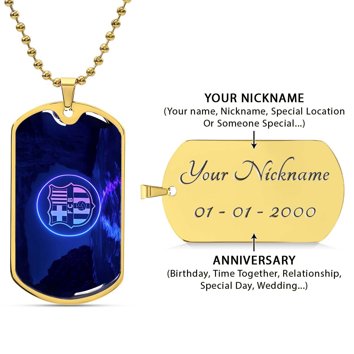 Soccer Dog Tag Necklace - SCD028 - FC Barcelona - FCB - Military Ball Chain