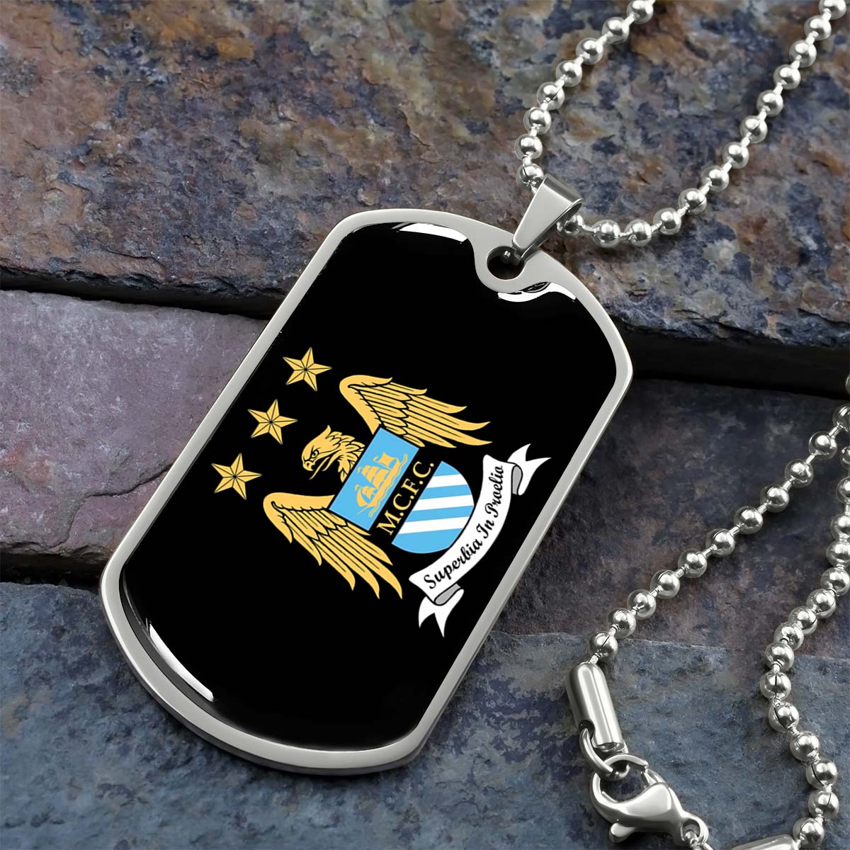 Soccer Dog Tag Necklace - SCD038 - Manchester City - Superbia In Proelio - Military Ball Chain