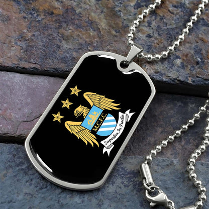 Soccer Dog Tag Necklace - SCD038 - Manchester City - Superbia In Proelio - Military Ball Chain