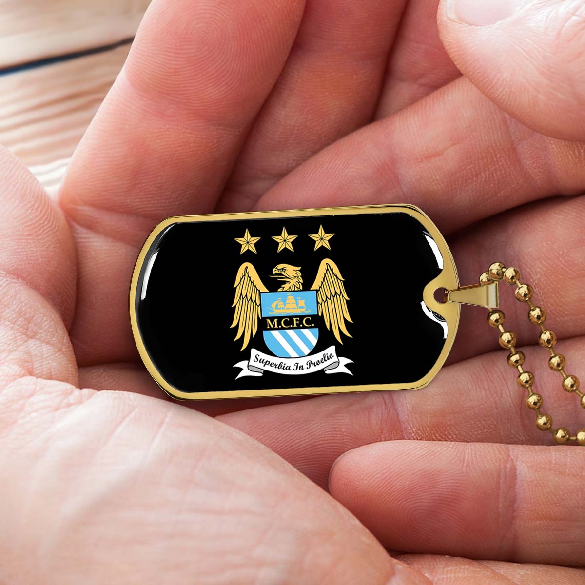 Soccer Dog Tag Necklace - SCD038 - Manchester City - Superbia In Proelio - Military Ball Chain