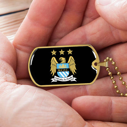 Soccer Dog Tag Necklace - SCD038 - Manchester City - Superbia In Proelio - Military Ball Chain