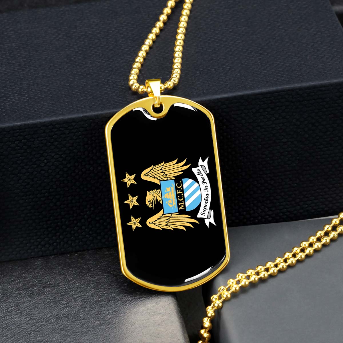 Soccer Dog Tag Necklace - SCD038 - Manchester City - Superbia In Proelio - Military Ball Chain