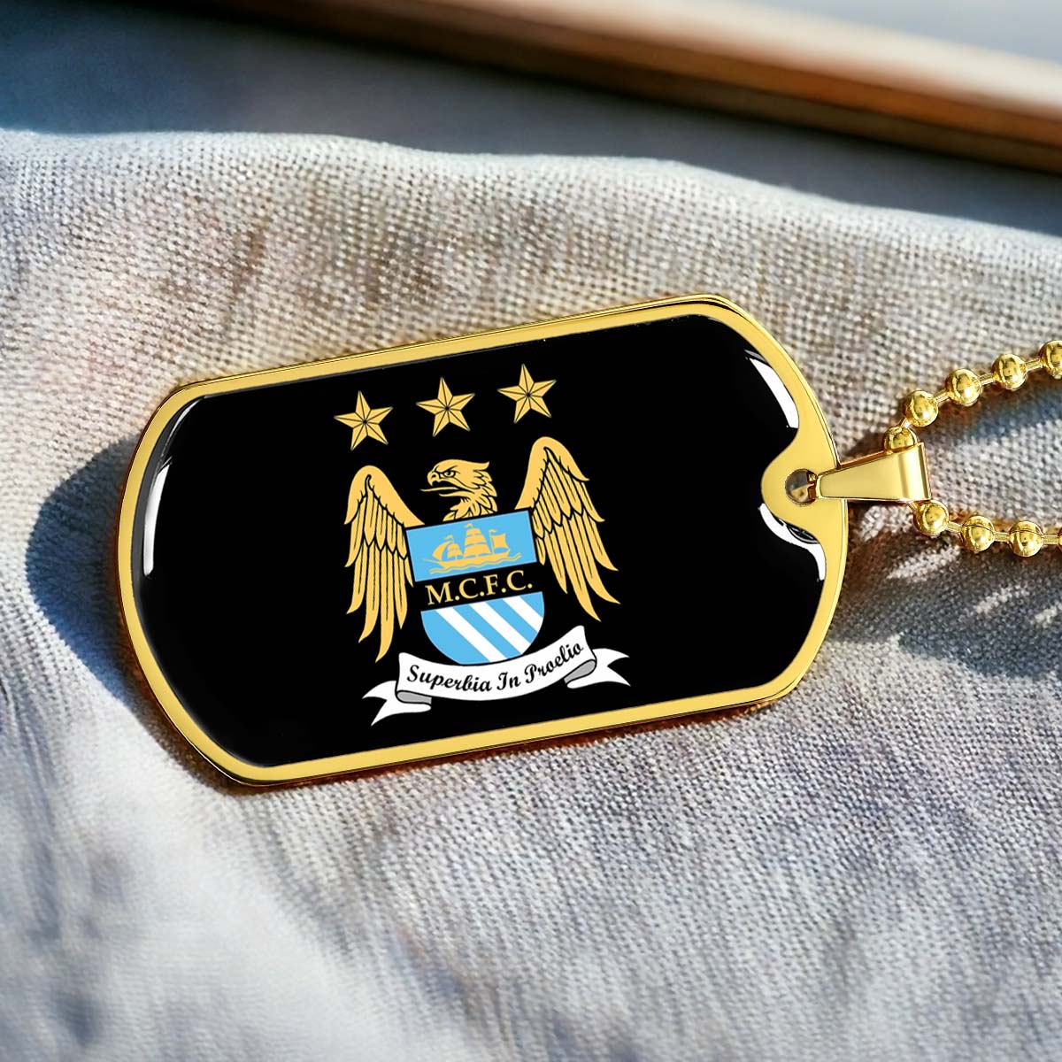 Soccer Dog Tag Necklace - SCD038 - Manchester City - Superbia In Proelio - Military Ball Chain