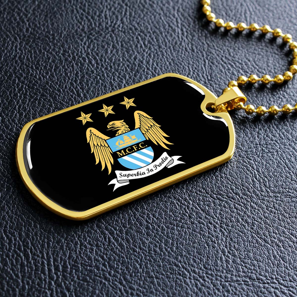 Soccer Dog Tag Necklace - SCD038 - Manchester City - Superbia In Proelio - Military Ball Chain