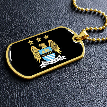 Soccer Dog Tag Necklace - SCD038 - Manchester City - Superbia In Proelio - Military Ball Chain