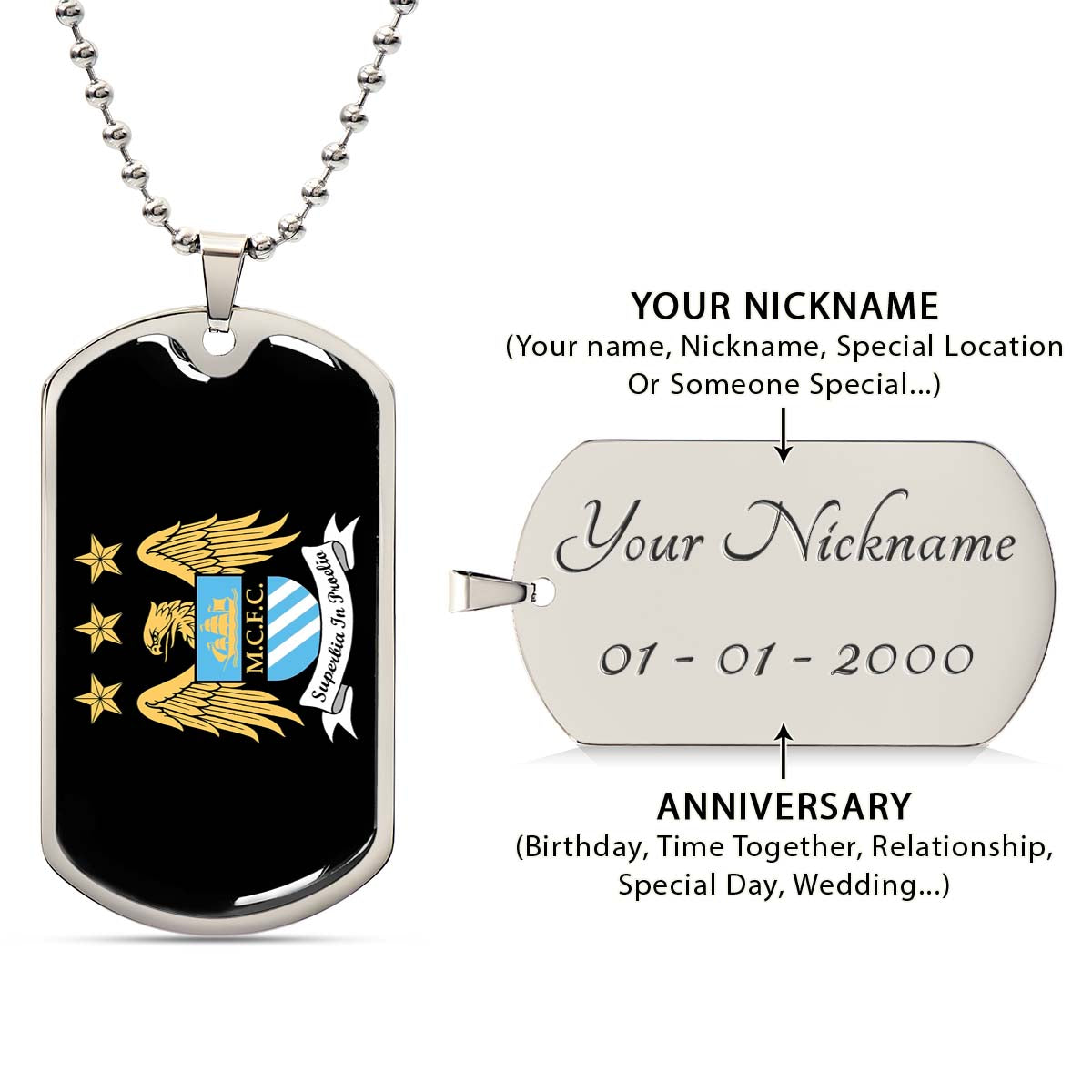 Soccer Dog Tag Necklace - SCD038 - Manchester City - Superbia In Proelio - Military Ball Chain