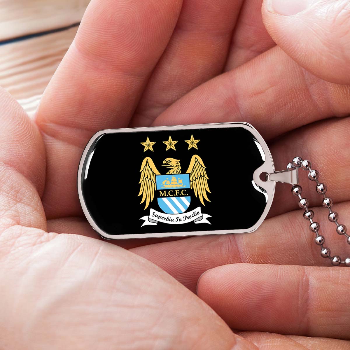 Soccer Dog Tag Necklace - SCD038 - Manchester City - Superbia In Proelio - Military Ball Chain