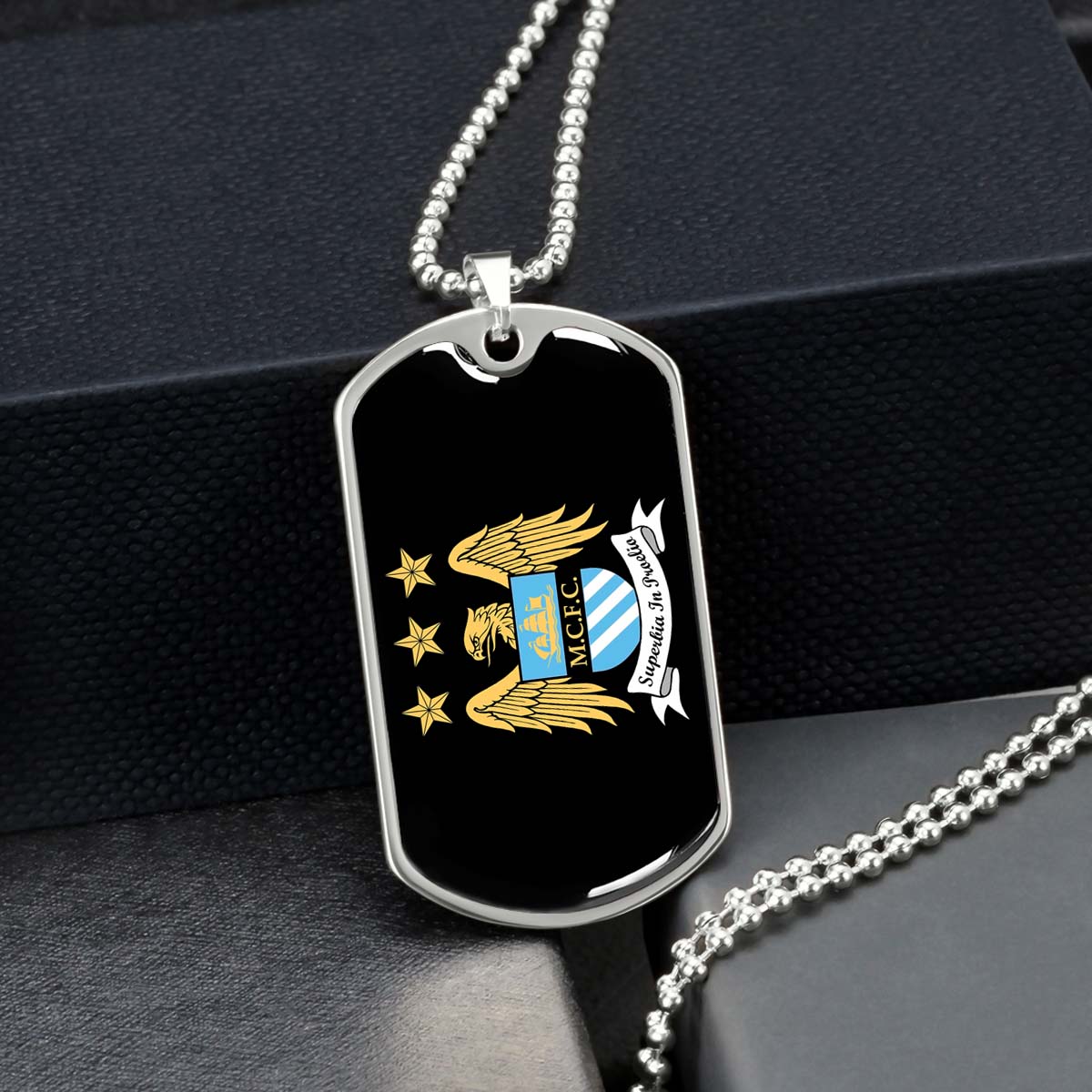 Soccer Dog Tag Necklace - SCD038 - Manchester City - Superbia In Proelio - Military Ball Chain