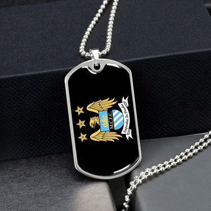 Soccer Dog Tag Necklace - SCD038 - Manchester City - Superbia In Proelio - Military Ball Chain