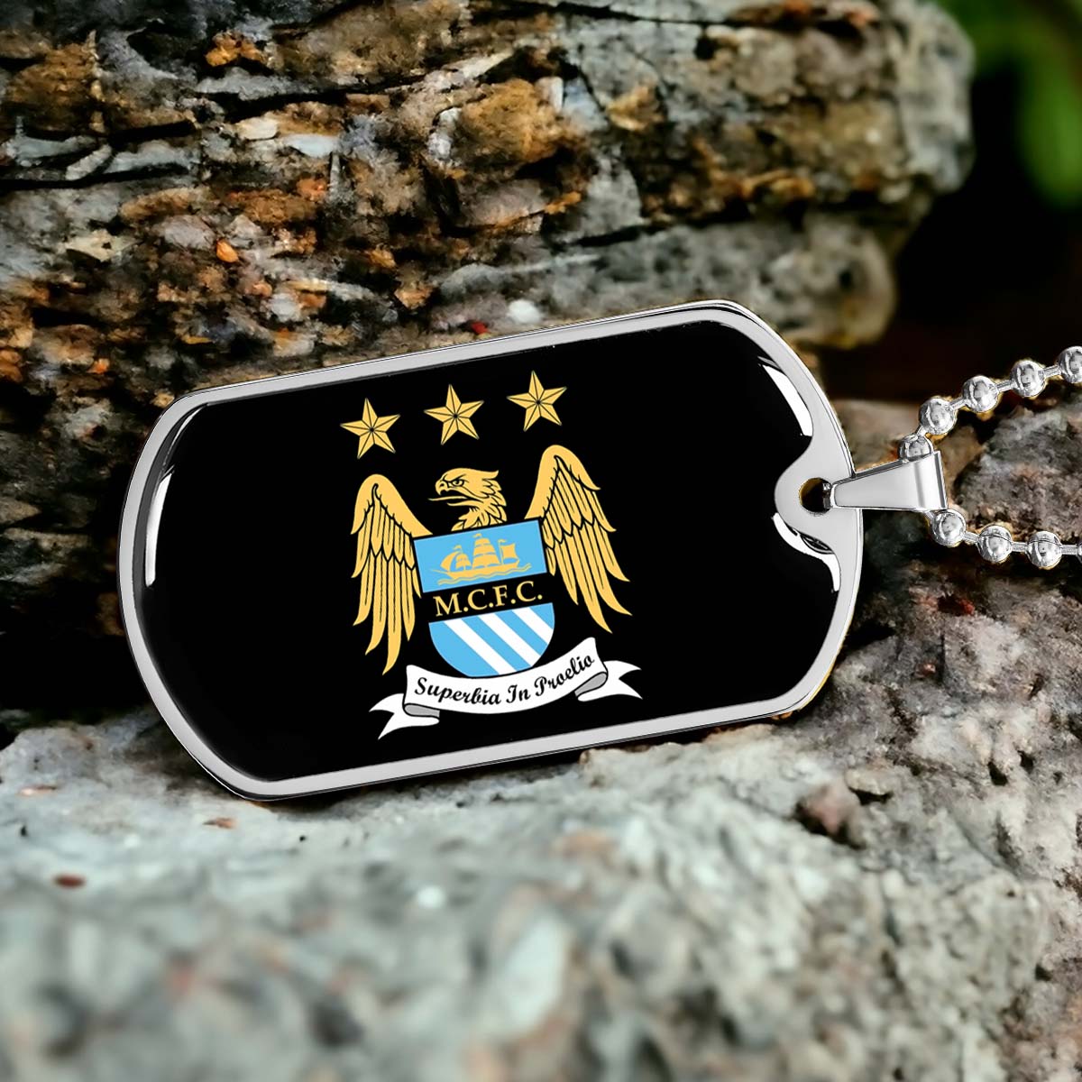 Soccer Dog Tag Necklace - SCD038 - Manchester City - Superbia In Proelio - Military Ball Chain