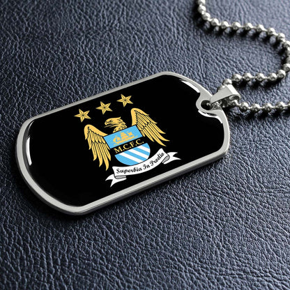 Soccer Dog Tag Necklace - SCD038 - Manchester City - Superbia In Proelio - Military Ball Chain