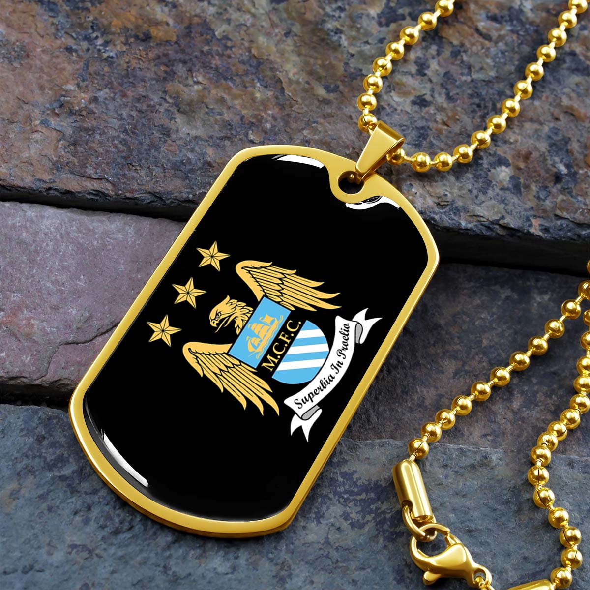 Soccer Dog Tag Necklace - SCD038 - Manchester City - Superbia In Proelio - Military Ball Chain