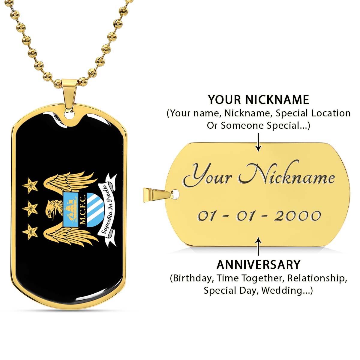 Soccer Dog Tag Necklace - SCD038 - Manchester City - Superbia In Proelio - Military Ball Chain
