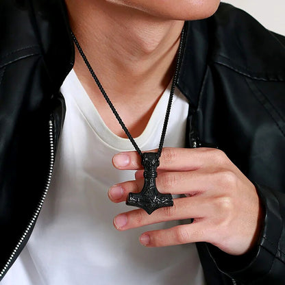 Viking - Men's Vintage Retro Norse Viking Necklaces, Rock Punk Thor Mjolnir Hammer Pendant,Scandinavian Nodic Amulet Rune Jewelry