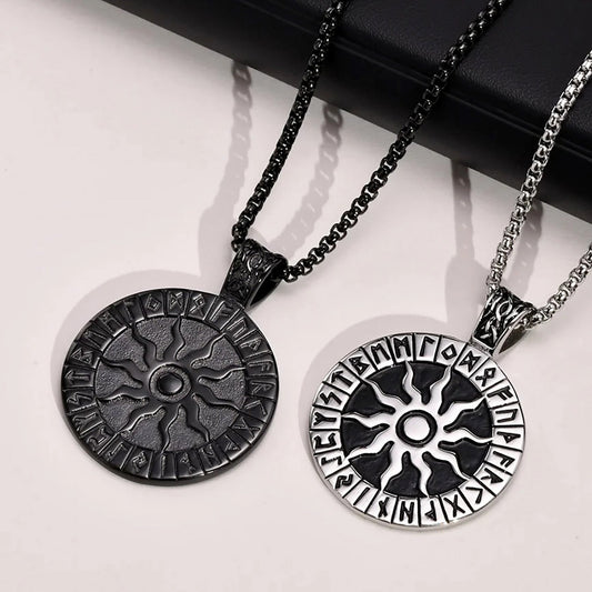 Viking Rune Necklaces for Men, Stainless Steel Carved Sun Nordic Letters Pendant with Box Chain, Protection Amulet Jewelry