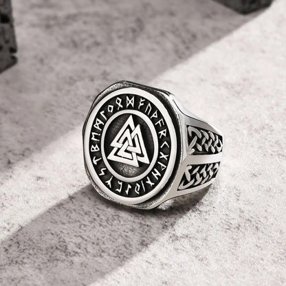Viking - 23mm Viking Signet Ring for Men, Chunky Bold Stainless Steel Round Top Finger Band, Nordic Viking Knot Rune Almut Jewelry