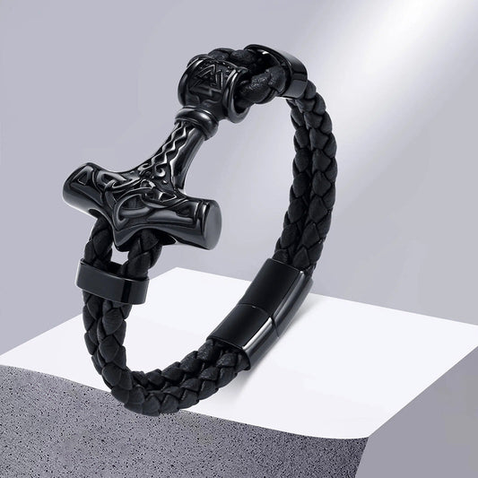 Viking - Chunky Thor's Hammer Bracelets for Men, Heavy Punk Rock Norse Viking Knot Bangle, Black Genuine Leather Wristband