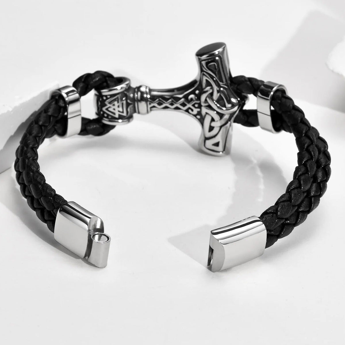 Viking - Chunky Thor's Hammer Bracelets for Men, Heavy Punk Rock Norse Viking Knot Bangle, Black Genuine Leather Wristband