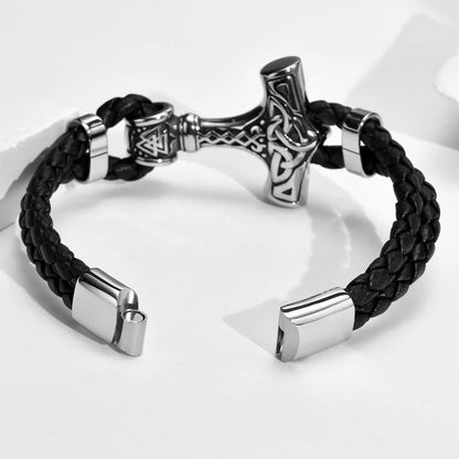 Viking - Chunky Thor's Hammer Bracelets for Men, Heavy Punk Rock Norse Viking Knot Bangle, Black Genuine Leather Wristband