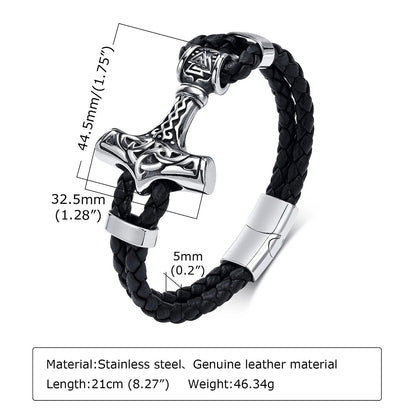 Viking - Chunky Thor's Hammer Bracelets for Men, Heavy Punk Rock Norse Viking Knot Bangle, Black Genuine Leather Wristband