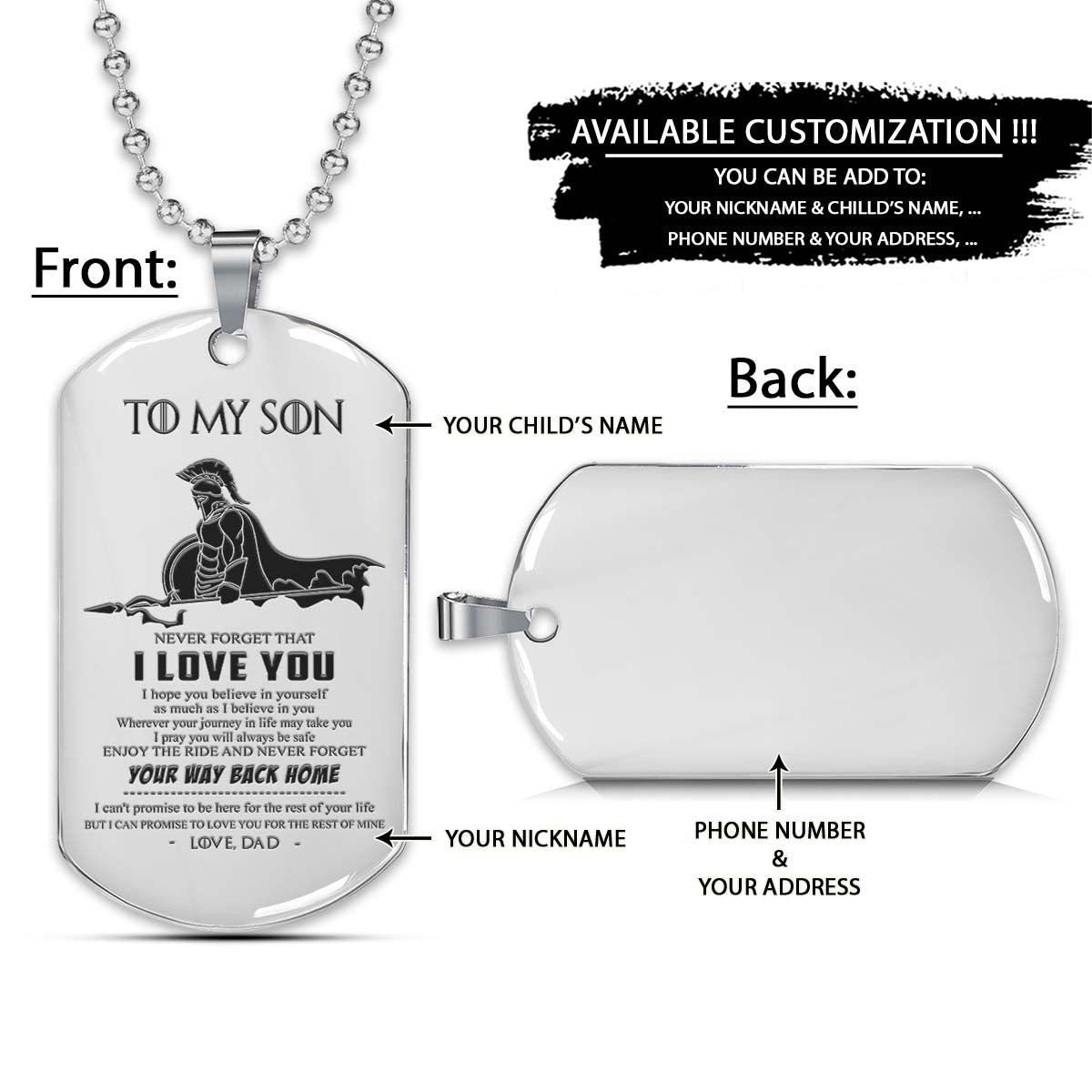 Spartan Dog Tag - Dad To Son - Your Way Back Home - Spartan Warrior - Sparta - Leonidas - Gladiator - Spartan Necklace - Engrave Dog Tag
