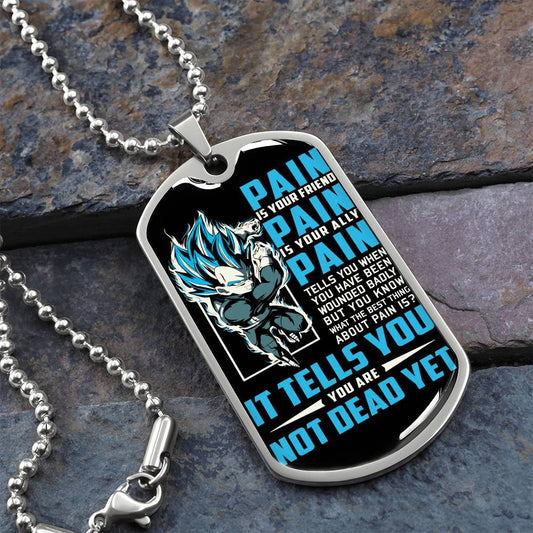 Dragon Ball - PAIN - You Are Not Dead Yet - Vegeta - Supper Saiyan Blue - Black Dog Tag - Dragon Ball Dog Tag - Military Ball Chain - Luxury Dog Tag