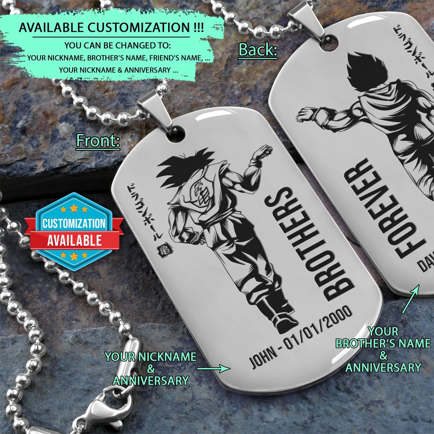DRD040 - Brothers Forever - Goku - Vegeta - Dragon Ball Dog Tag - Double Sided Engraved Silver Dog Tag