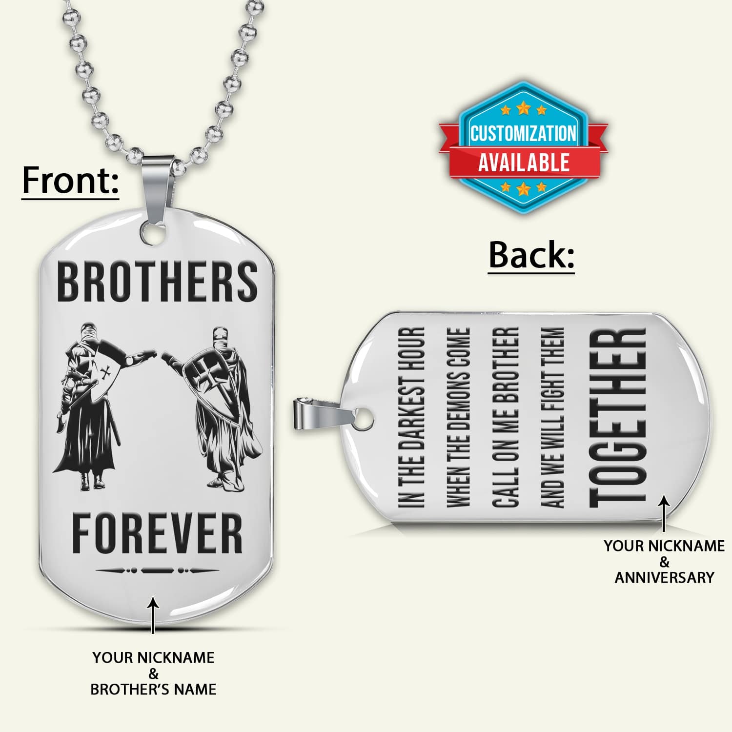 KTD024 - Brothers Forever - Call On Me Brother - Knights Templar - Silver Double-Sided Dog Tag