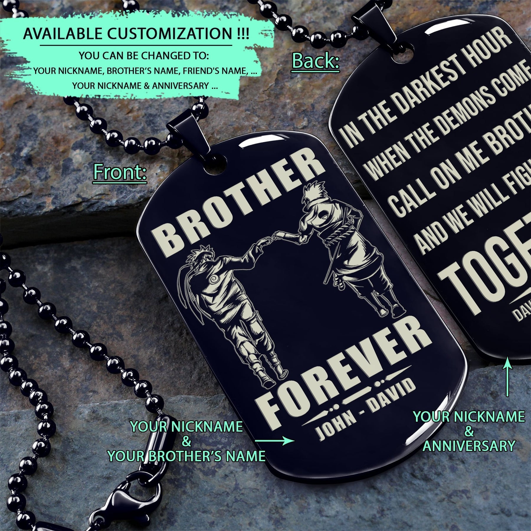 NAD025 - Brother Forever - Call On Me Brother - Uzumaki Naruto - Uchiha Sasuke - Naruto Dog Tag - Engrave Double Side Black Dog Tag